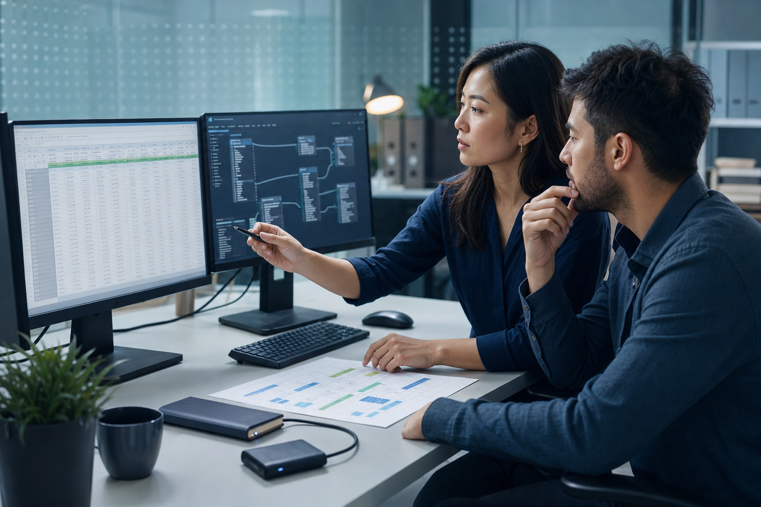 Database specialists reviewing a staged data import and export mapping