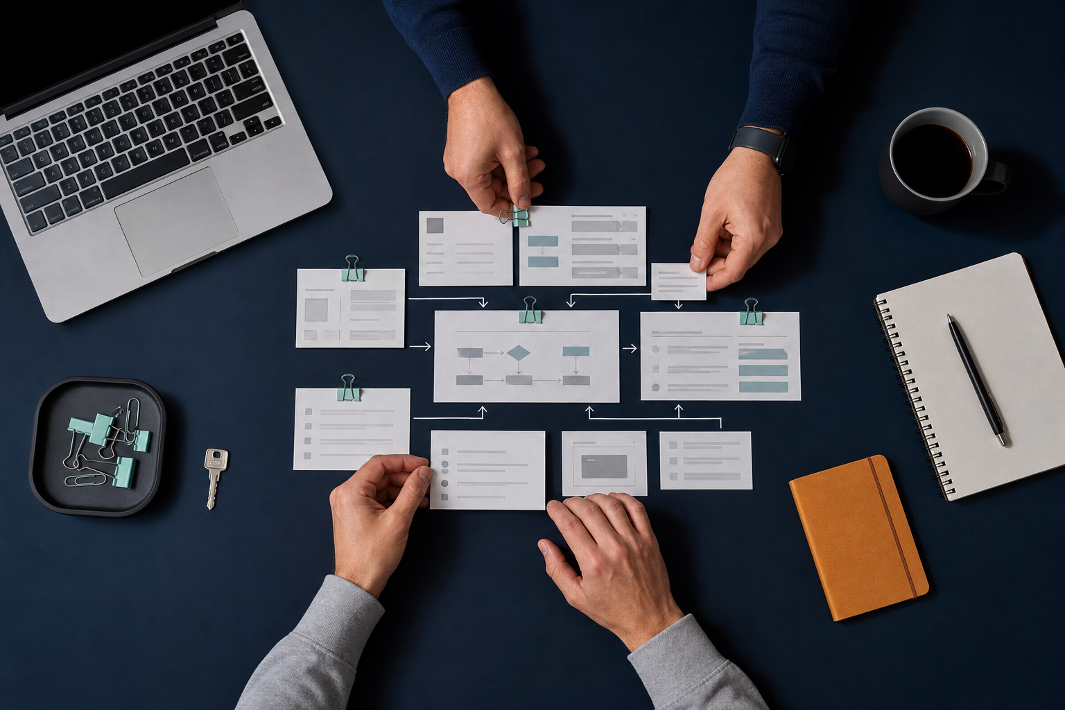 Hands organizing a documented database transfer checklist