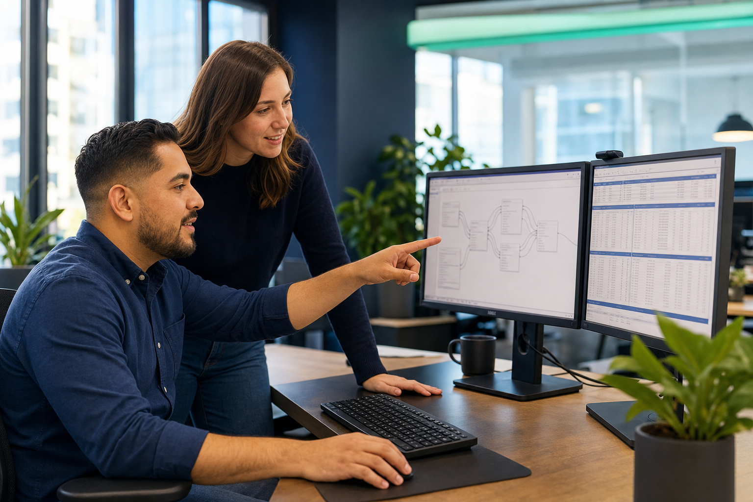 Analyst and developer reviewing a relational database model and data grids