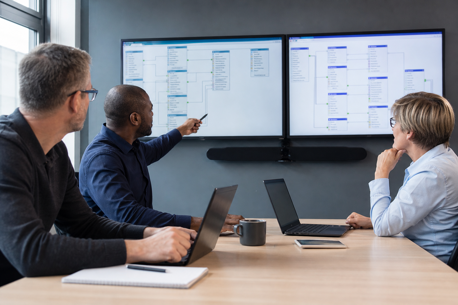 Enterprise database team comparing two database environments on large displays