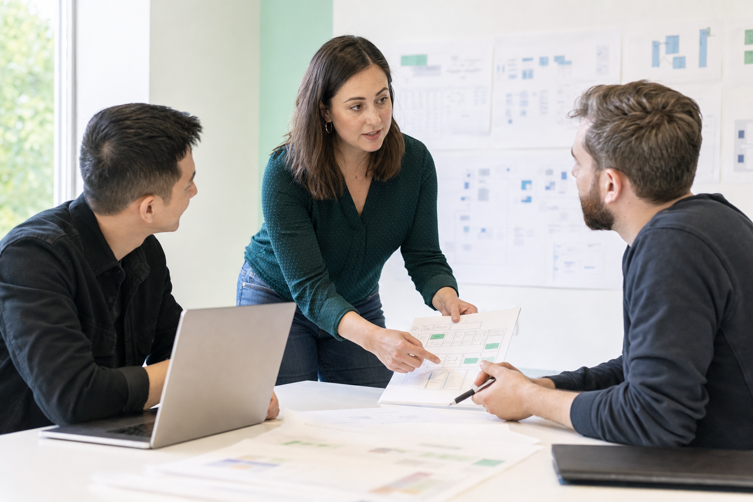 Consultant reviewing a database client rollout plan with two engineers