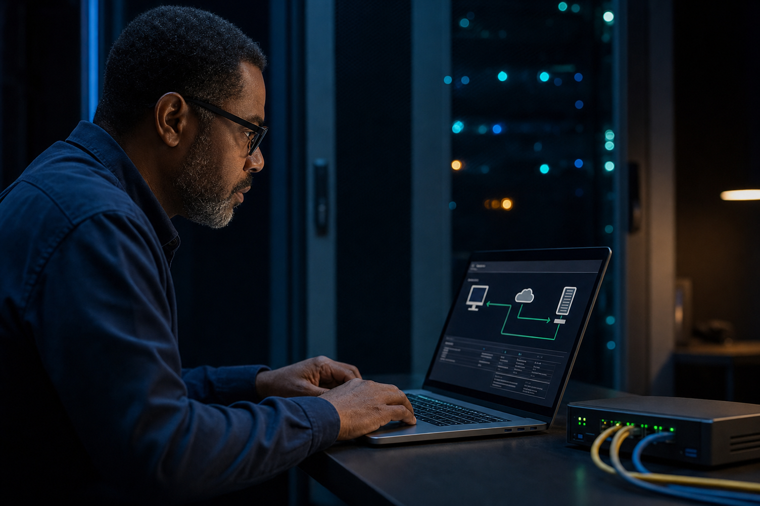 Database engineer reviewing a secure connection path beside network equipment